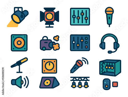 Theatre lighting and sound modern flat style. spotlight, stage light, soundboard, microphone, speaker, fog machine, lighting control, headset, boom mic, dimmer switch