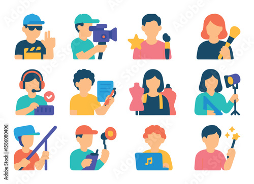 Movie crew roles modern flat style. director, cameraman, actor, makeup artist, scriptwriter, producer, sound engineer, costume designer, editor, stunt coordinator