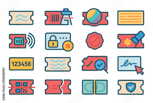 Ticket security features modern flat style. watermark, barcode scanner, holographic sticker, microprint, RFID chip, encrypted code, tamper-evident seal, UV ink, serial