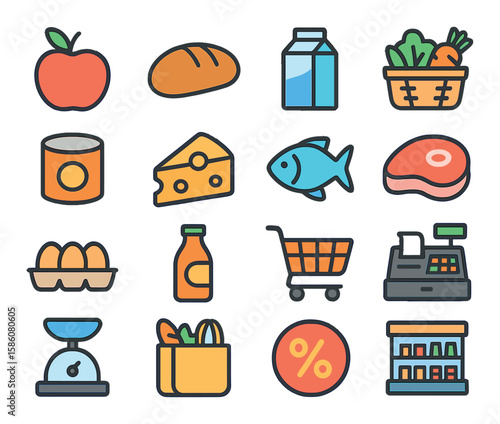 Grocery shopping modern flat style. apple, bread loaf, milk carton, vegetable basket, canned goods, cheese wedge, fish, meat, eggs, juice bottle, shopping trolley, cash