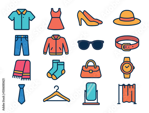 Clothing shopping modern flat style. shirt, dress, shoes, hat, pants, jacket, sunglasses, belt, scarf, socks, handbag, watch, tie, coat hanger, mirror, fitting room.
