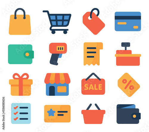 Shopping essentials modern flat style. shopping bag, shopping cart, price tag, credit card, cash wallet, barcode scanner, receipt, checkout counter, gift box, store front