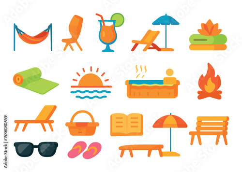 Vacation relaxation modern flat style. hammock, cocktail, beach chair, spa, yoga mat, sunset, hot tub, campfire, lounge chair, picnic basket, book, massage table