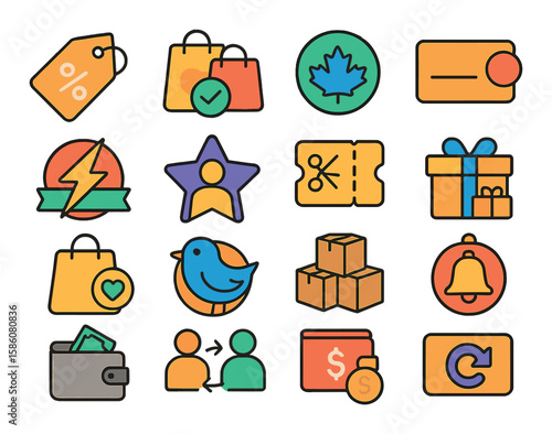 Types of discounts modern flat style. percentage off, buy one get one, seasonal sale, clearance, flash sale, member discount, coupon code, bundle deal, loyalty reward