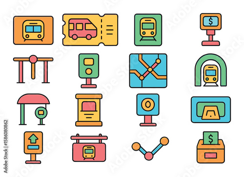 Public transportation tokens modern flat style. metro card, bus ticket, train pass, fare meter, turnstile, ticket validator, transport map, subway entrance, bus stop
