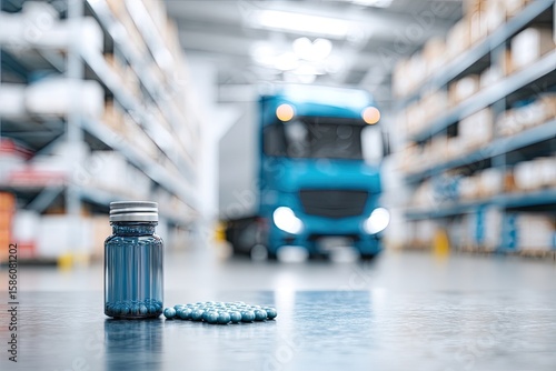 Blue pill bottle and pills on warehouse floor, truck in background