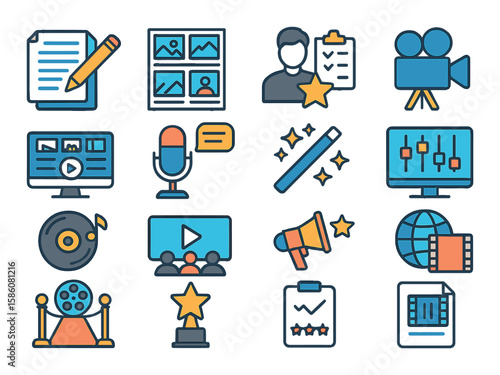 Movie production stages modern flat style. scriptwriting, storyboarding, casting, filming, editing, dubbing, special effects, color grading, soundtrack, preview screening