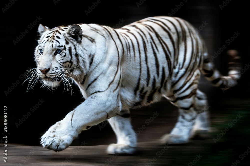Obraz premium A dramatic photograph of a white Bengal tiger in motion against a dark background. The tiger is captured mid-stride, with its body stretched out horizontally.
