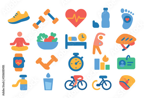 Health and fitness comparison modern flat style. running shoes, weights, heart rate, water bottle, yoga pose, salad bowl, sleep timer, step counter, pulse monitor