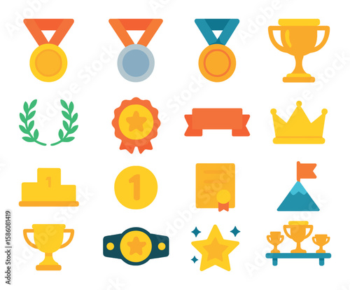 Ranking symbols and awards modern flat style. gold medal, silver medal, bronze medal, trophy cup, laurel wreath, star badge, ribbon, crown, podium steps, number one badge
