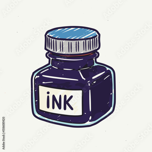 Ink bottle in blue  with label on light background  