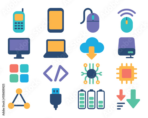 Technology comparison modern flat style. old phone, new phone, wired mouse, wireless mouse, desktop PC, laptop, cloud storage, external hard drive, software icons, coding