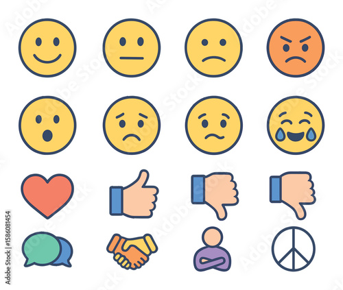 Emotional comparison modern flat style. smiling face, neutral face, frowning face, angry face, surprised face, sad face, confused face, happy tears, love heart, broken