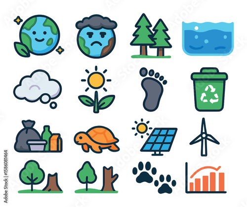 Environmental comparison modern flat style. clean earth, polluted earth, forest density, water clarity, air quality, renewable energy, carbon footprint, recycling bin