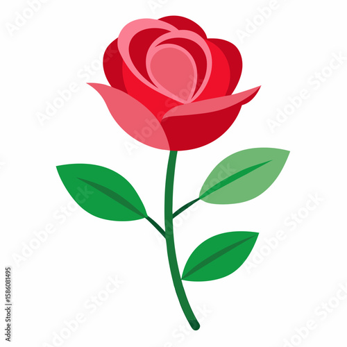 Stylized red rose with green leaves isolated on white background
