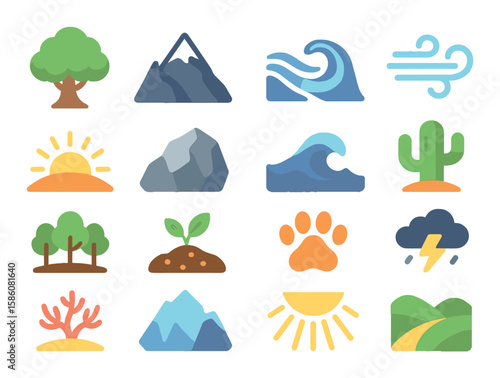 Nature’s strengths modern flat style. mighty tree, mountain peak, flowing river, strong wind, sunrise, sturdy rock, deep ocean, desert cactus, wide forest, fertile soil