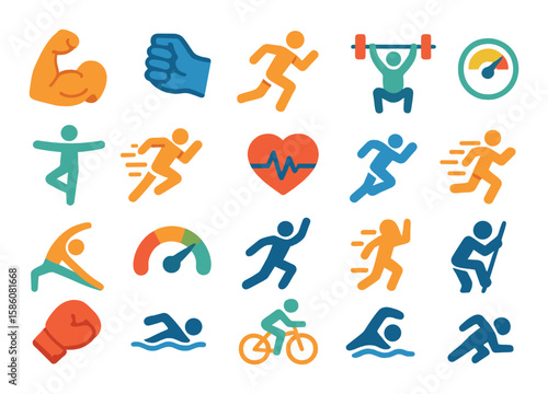 Physical strengths modern flat style. muscular arm, strong grip, endurance runner, weightlifter, balanced posture, fast sprint, flexibility, stamina gauge, healthy heart