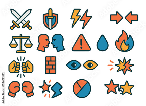 Conflict and opposition symbols modern flat style. crossed swords, shield and sword, lightning clash, push arrows, balance tip, face-off silhouettes, warning triangle