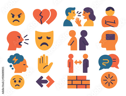 Emotional opposition modern flat style. angry face, conflict hearts, arguing couple, closed arms, shouting head, crying mask, back-to-back figures, mental block icon