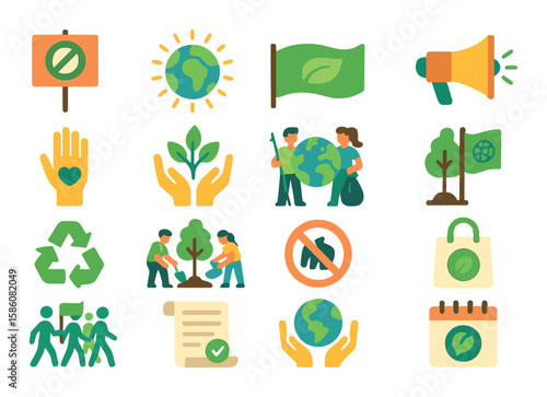 Environmental activism modern flat style. protest sign, clean earth badge, eco banner, awareness megaphone, volunteer hand, save nature symbol, global cleanup crew, green