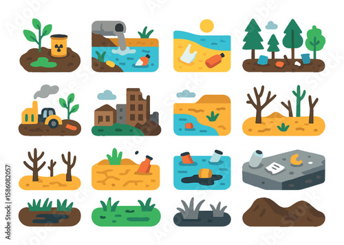 Polluted environments modern flat style. toxic soil, dirty riverbank, plastic-covered beach, garbage-choked forest, polluted farmland, urban wasteland, dried lake, debris