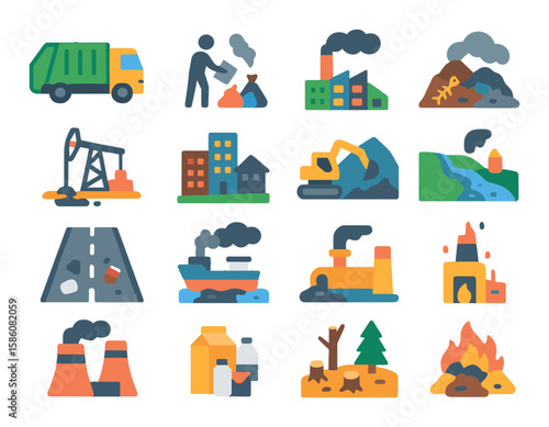Pollution sources modern flat style. garbage truck, illegal dumping, factory smokestack, overfilled landfill, oil drilling site, urban sprawl, mining operation
