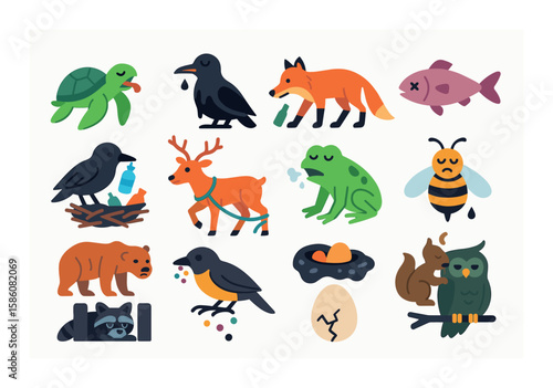 Affected wildlife modern flat style. choking turtle, oil-covered bird, scavenging fox, dead fish, trash-nest bird, entangled deer, coughing frog, dying bee, malnourished