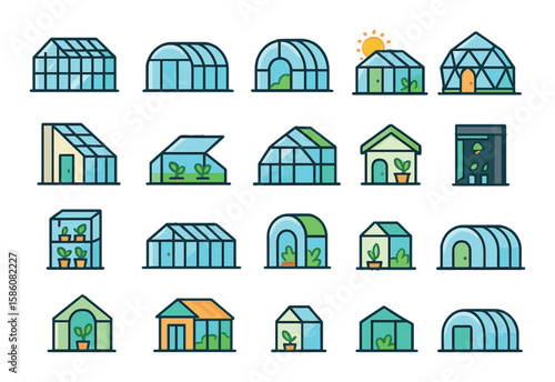 Greenhouse structures and layouts modern flat style. glass greenhouse, polycarbonate greenhouse, hoop house, dome greenhouse, lean-to greenhouse, cold frame, solar