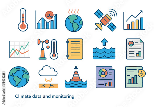 Climate data and monitoring modern flat style. thermometer rising, CO2 chart, Earth with heat lines, satellite view, climate graph, weather station, data log, sea level