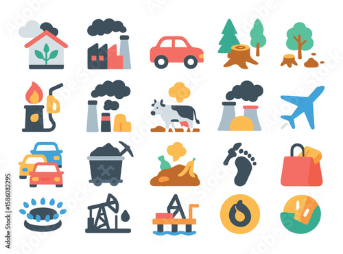 Global warming causes modern flat style. greenhouse gases, factory smoke, car exhaust, deforestation, burning fossil fuels, industrial chimneys, methane release, power