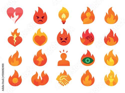 Emotional or metaphorical fire modern flat style. passion icon, anger flame, inspiration spark, motivation blaze, heartbreak burn, love ignition, rage fire, fierce spirit