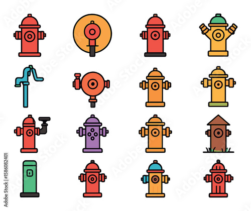 Types of fire hydrants modern flat style. above-ground hydrant, underground hydrant, dry barrel hydrant, wet barrel hydrant, frost-proof hydrant, wall-mounted hydrant