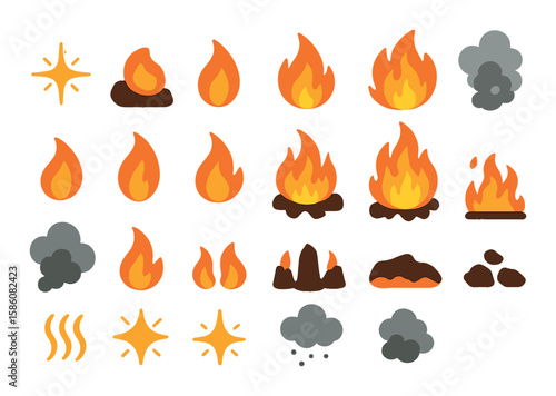 Fire elements and stages modern flat style. spark, ember, ignition, flame tip, flicker icon, steady flame, growing blaze, roaring fire, thick smoke, flame split, charred