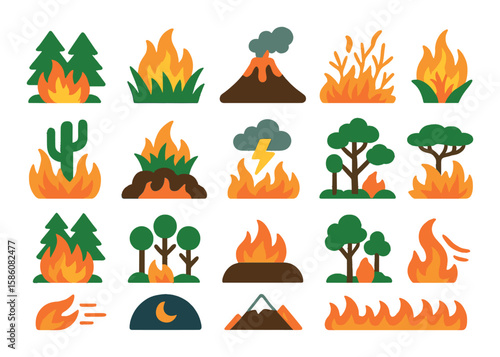 Types of fire in nature modern flat style. forest fire, grassland blaze, volcanic fire, dry brush fire, desert wildfire, peat fire, lightning-caused blaze, savanna burn