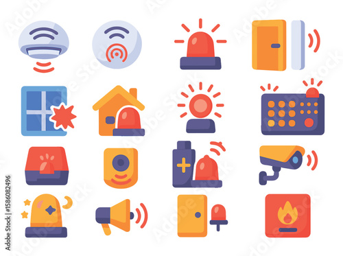 Home and building sirens modern flat style. smoke alarm, carbon monoxide siren, burglar alarm, door sensor, window break detector, flashing house light, panic button