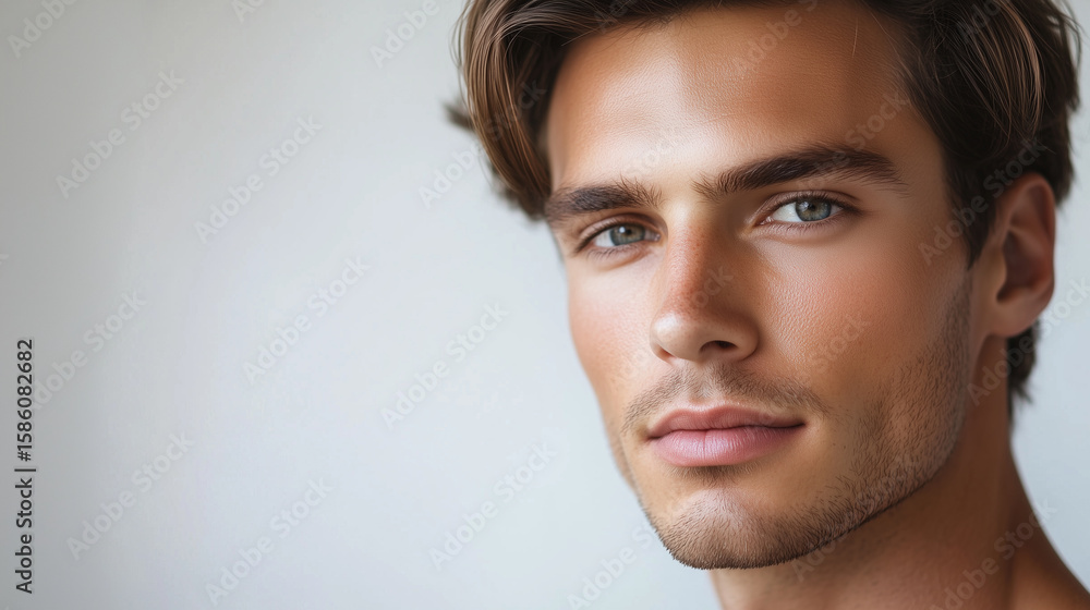 Fototapeta premium Portrait of a young male caucasian model, age 25, attractive man, publicity poster for skin care. Copy space available. gray background.
