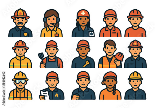 Fire station people and roles modern flat style. fire chief, dispatcher, paramedic, rookie, volunteer firefighter, station cook, mechanic, gear inspector, hose handler