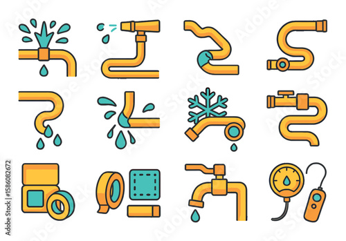 Hose malfunctions and repairs modern flat style. burst hose, leak spray, kinked section, broken nozzle, water loss icon, split line, frozen hose, blocked nozzle, hose