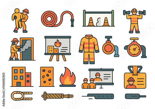 Firefighting training and simulation modern flat style. dummy rescue, hose drill, obstacle course, fitness icon, smoke room, fire scenario board, training suit, water