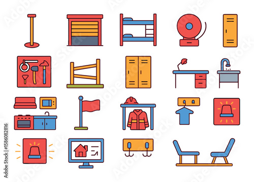 Fire station and facilities modern flat style. fire pole, garage door, bunk bed, station bell, equipment rack, training area, locker, office desk, firehouse kitchen