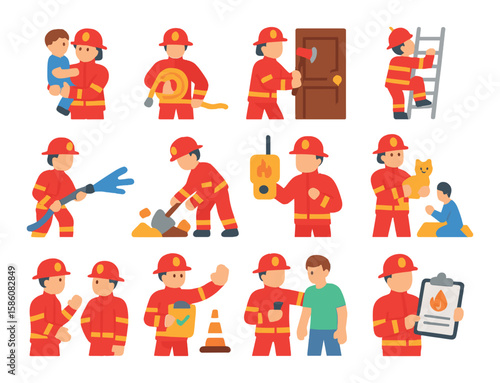 Fireman roles and duties modern flat style. rescuing child, carrying hose, breaking door, climbing ladder, spraying water, clearing debris, checking gas leak, evacuating