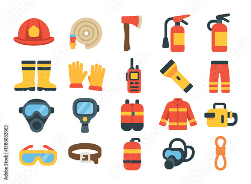 Firefighting gear and tools modern flat style. helmet, fire hose, axe, fire extinguisher, boots, gloves, radio, flashlight, breathing mask, thermal camera, turnout coat