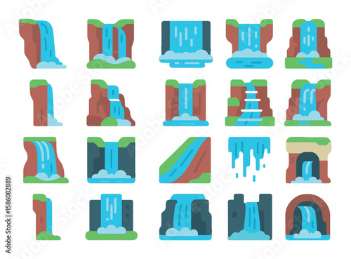 Types of waterfalls modern flat style. horsetail fall, segmented fall, block fall, punchbowl fall, ribbon fall, cascade fall, plunge fall, tiered fall, fan-shaped fall