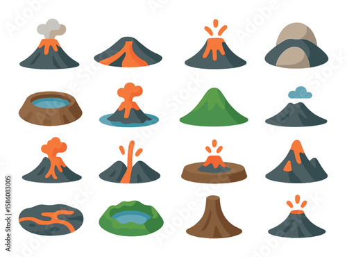 Volcano types and formations modern flat style. stratovolcano, shield volcano, cinder cone, lava dome, caldera, volcanic island, extinct volcano, dormant volcano, active