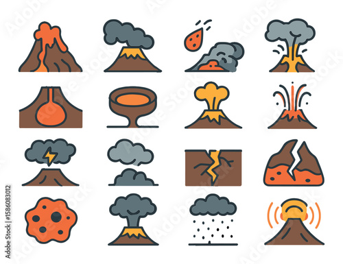 Eruption features and effects modern flat style. lava flow, ash cloud, volcanic bomb, pyroclastic flow, magma chamber, crater rim, gas plume, lava fountain, volcanic