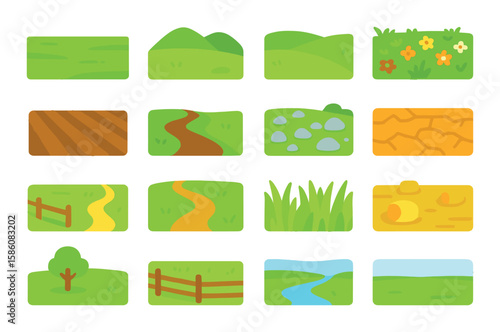 Field landscapes and terrain modern flat style. grassy plain, rolling hill, open meadow, wildflower patch, tilled soil, muddy path, rocky field, dry patch, field boundary