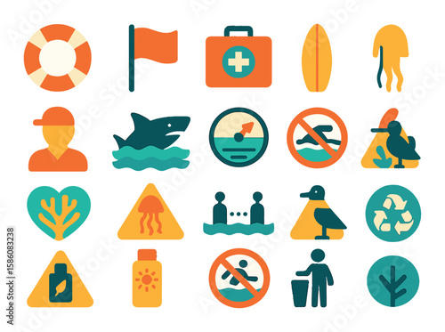 Beach safety and environment modern flat style. lifebuoy, warning flag, first aid kit, rescue board, lifeguard icon, shark alert, tide chart, no swimming sign, coral