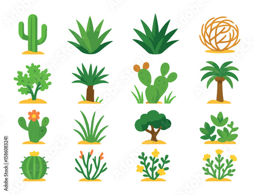 Desert plants and vegetation modern flat style. cactus, aloe vera, agave, tumbleweed, desert shrub, yucca plant, prickly pear, date palm, flowering cactus, desert grass