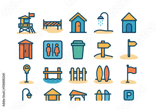 Beachside structures and objects modern flat style. lifeguard tower, boardwalk, beach hut, shower pole, changing booth, public toilet sign, trash bin, beach path sign