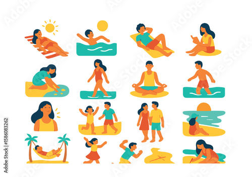 Beach moods and activities modern flat style. sunbathing, swimming, relaxing on towel, reading on beach, collecting shells, walking by shore, meditating, wading in water